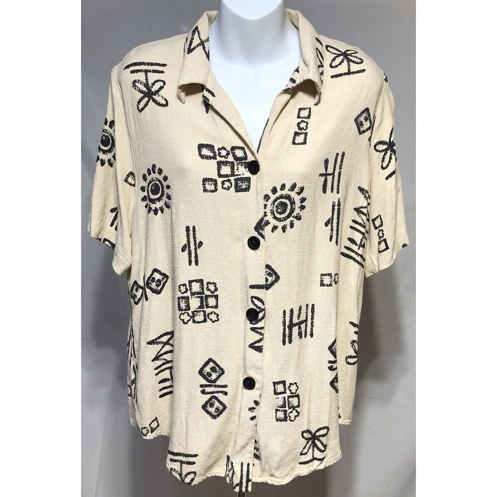 Dress Barn Top 14/16 Beige ButtonUp Geo Tribal shortSleeve Boho Artsy Abstract